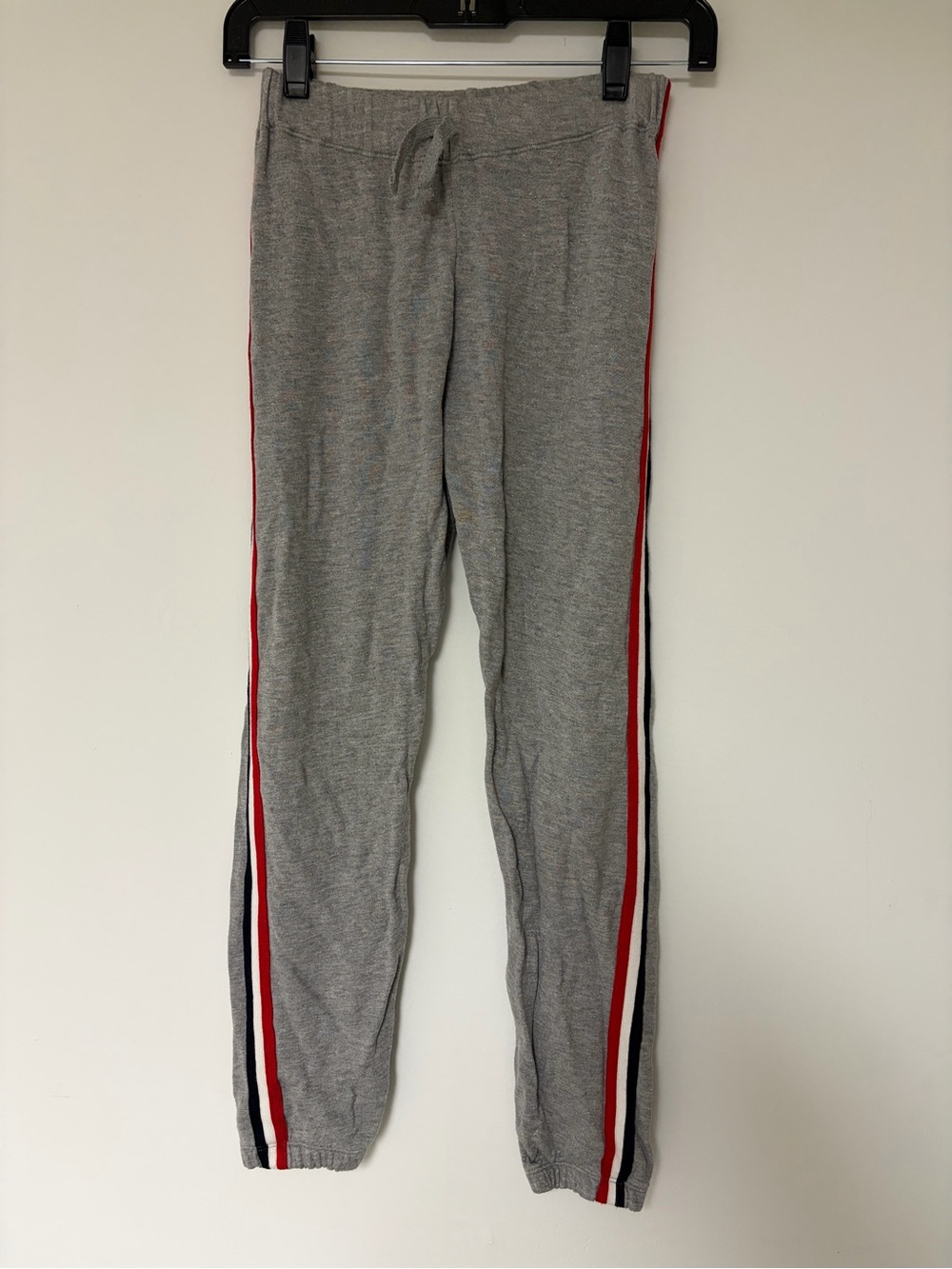 Gray Knit Track Pants with Red, white and blue Side Stripes